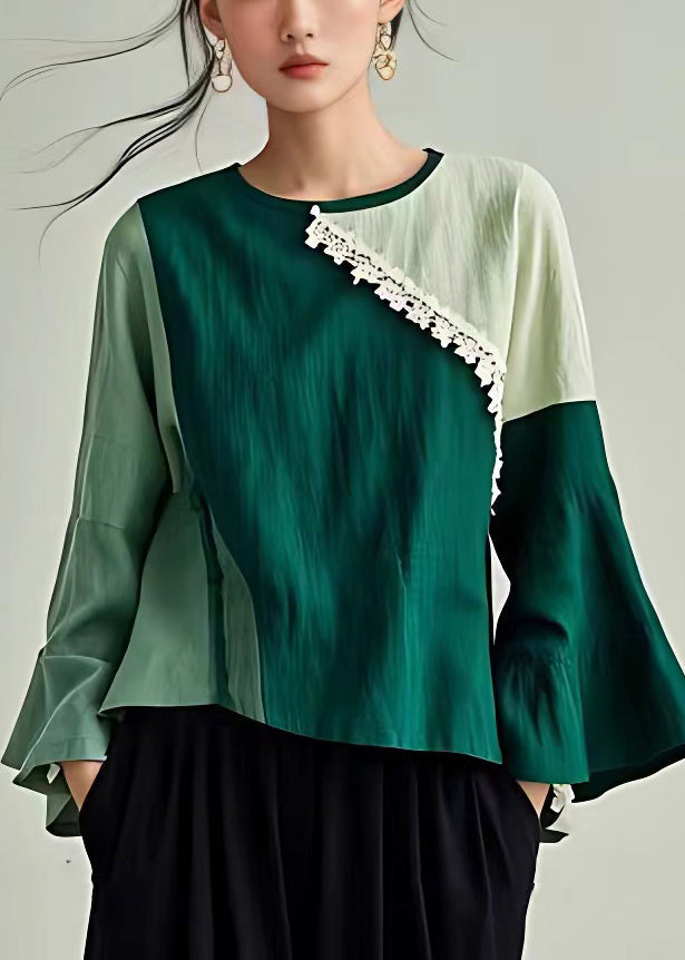 New Blackish Green O Neck Patchwork Cotton Top Flare Sleeve