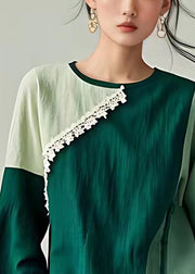 New Blackish Green O Neck Patchwork Cotton Top Flare Sleeve