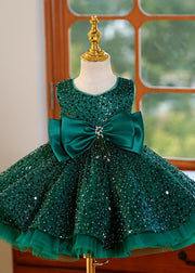 New Blackish Green O-Neck Sequins Patchwork Bow Tulle Kids Vacation Maxi Dresses Summer