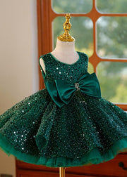 New Blackish Green O-Neck Sequins Patchwork Bow Tulle Kids Vacation Maxi Dresses Summer