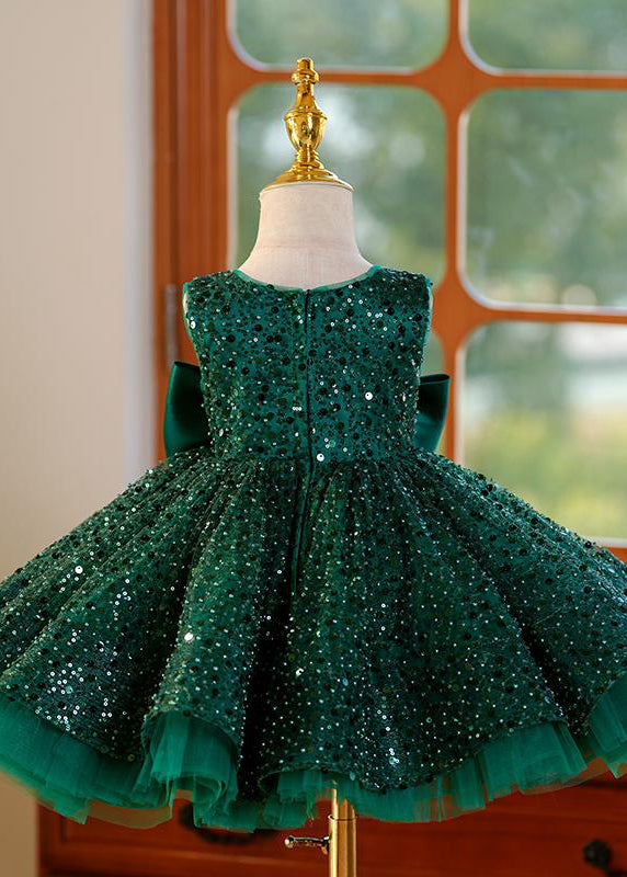 New Blackish Green O-Neck Sequins Patchwork Bow Tulle Kids Vacation Maxi Dresses Summer