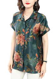 New Blackish Green Peter Pan Collar Print Silk Shirt Summer