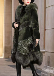 New Blackish Green Pockets Fox Collar Patchwork Fuzzy Fur Coats Winter