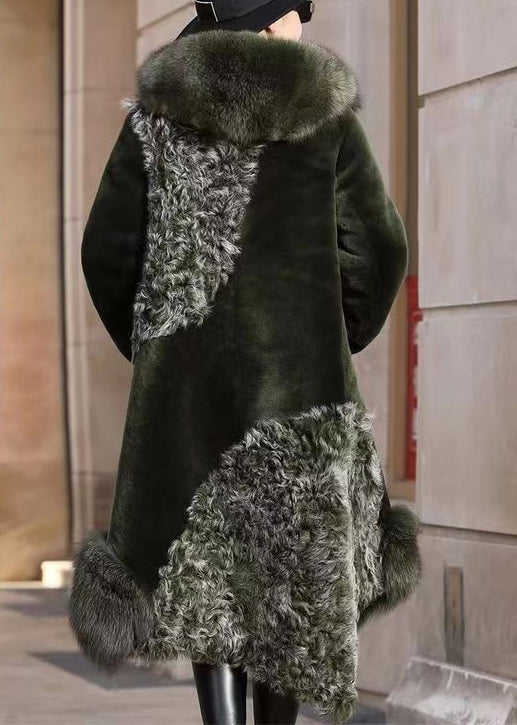 New Blackish Green Pockets Fox Collar Patchwork Fuzzy Fur Coats Winter