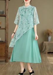 New Blue Asymmetrical Print Cotton Long Dresses Half Sleeve