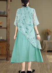 New Blue Asymmetrical Print Cotton Long Dresses Half Sleeve