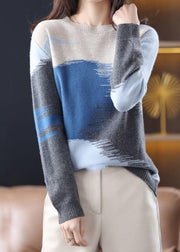 New Blue Black O Neck Patchwork Knit Top Long Sleeve