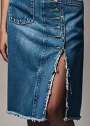 New Blue Button Front Open High Waist Denim Skirts Summer