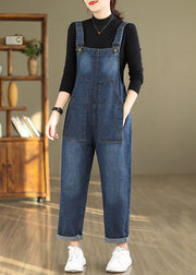 New Blue Button Pockets Patchwork Denim Jumpsuits Sleeveless