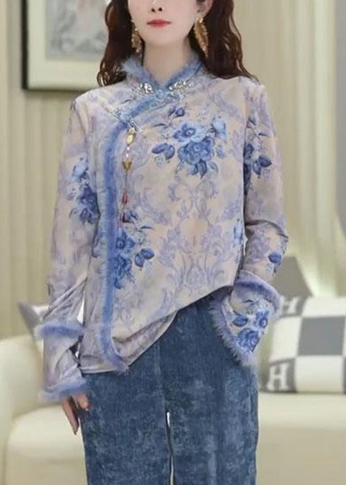 New Blue Button Print Patchwork Blouses Spring