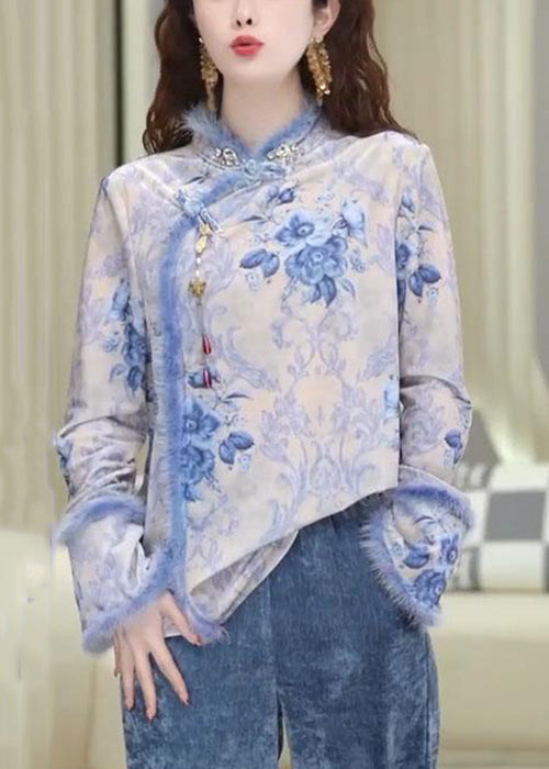 New Blue Button Print Patchwork Blouses Spring