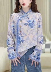 New Blue Button Print Patchwork Blouses Spring