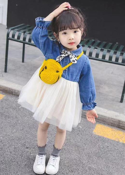 New Blue Button Tulle Patchwork Girls Dress Flare Sleeve