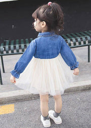 New Blue Button Tulle Patchwork Girls Dress Flare Sleeve