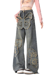 New Blue Detachable Butterfly Patch Denim Straight Leg Pants Spring