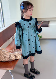 New Blue Dot Patchwork Kids Maxi Dress Lantern Sleeve