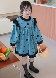 New Blue Dot Patchwork Kids Maxi Dress Lantern Sleeve