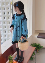 New Blue Dot Patchwork Kids Maxi Dress Lantern Sleeve