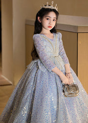 New Blue Dot Patchwork Tulle Kids Long Dresses Spring