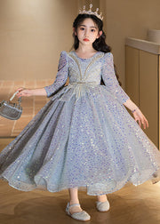 New Blue Dot Patchwork Tulle Kids Long Dresses Spring