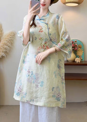 New Blue Embroidered Chinese Button Linen Blouses Half Sleeve