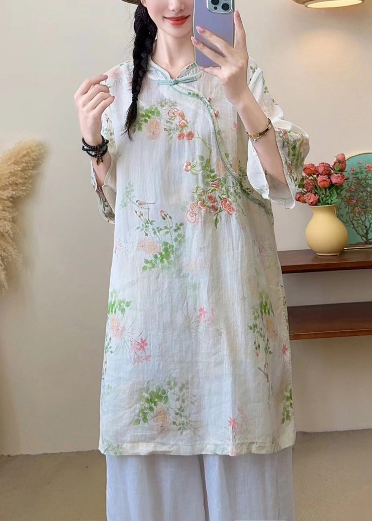 New Blue Embroidered Chinese Button Linen Blouses Half Sleeve