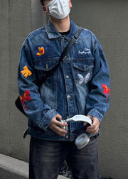 New Blue Embroideried Button Denim Men Coat Spring