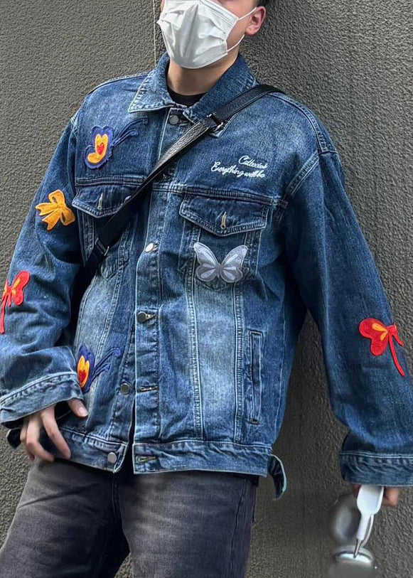 New Blue Embroideried Button Denim Men Coat Spring