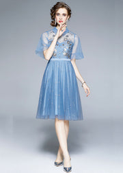 New Blue Embroidered Sequins Patchwork Tulle Mid Dress Puff Sleeve