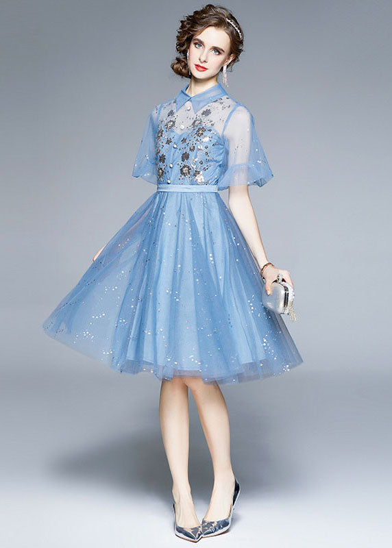 New Blue Embroidered Sequins Patchwork Tulle Mid Dress Puff Sleeve