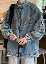 New Blue Embroideried Zippered Denim Men Coat Spring