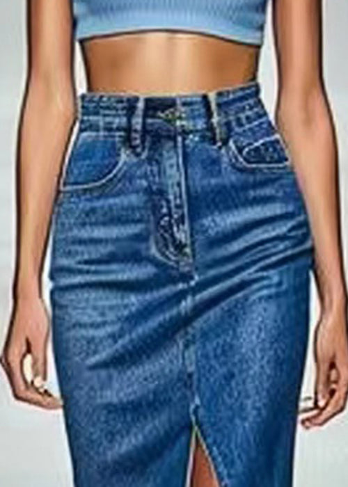 New Blue Front Open Pockets Denim Skirt Summer
