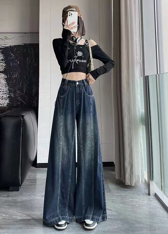 New Blue High Waist Patchwork Denim Wide Leg Pants Spring