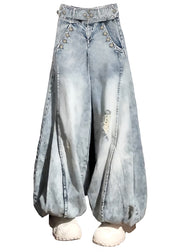 New Blue Hole Pockets High Waist Denim Lantern Pants Fall