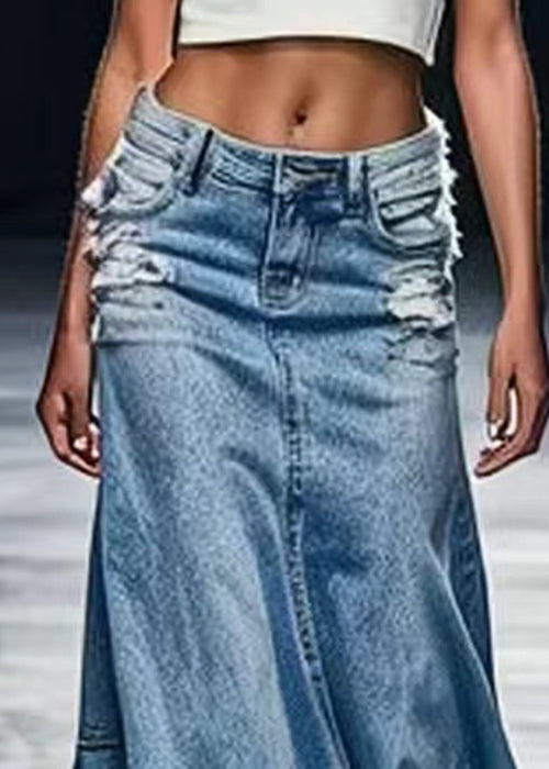 New Blue Hole Pockets High Waist Denim Maxi Skirts Summer