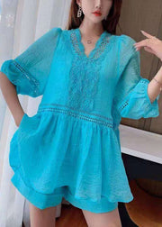 New Blue Hollow Out Lace Patchwork Two Pieces Set Half Sleeve