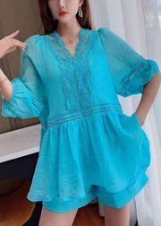 New Blue Hollow Out Lace Patchwork Two Pieces Set Half Sleeve