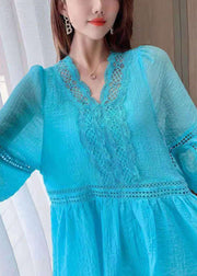 New Blue Hollow Out Lace Patchwork Two Pieces Set Half Sleeve