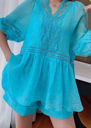 New Blue Hollow Out Lace Patchwork Two Pieces Set Half Sleeve