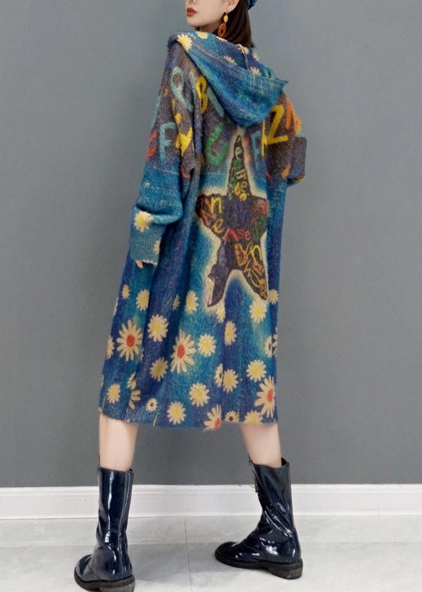 New Blue Hooded Pockets Print Knit Sweater Coat Winter