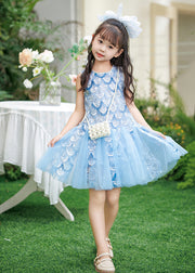 New Blue Nail Bead Tulle Girls Mid Dresses Summer