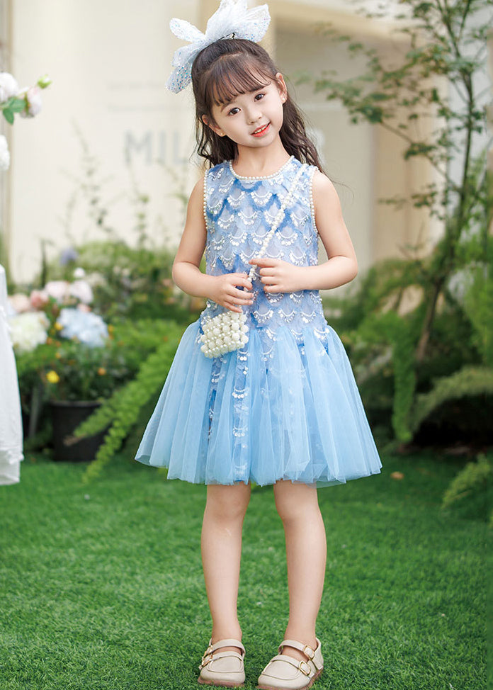 New Blue Nail Bead Tulle Girls Mid Dresses Summer