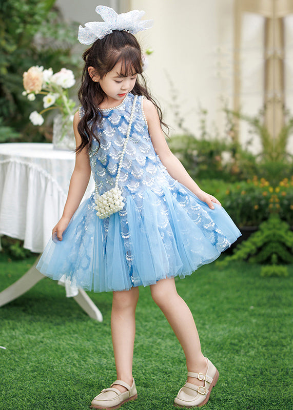 New Blue Nail Bead Tulle Girls Mid Dresses Summer