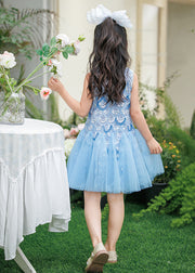 New Blue Nail Bead Tulle Girls Mid Dresses Summer