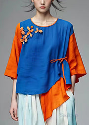 New Blue O-Neck Asymmetrical Patchwork Cotton Top Half Sleeve