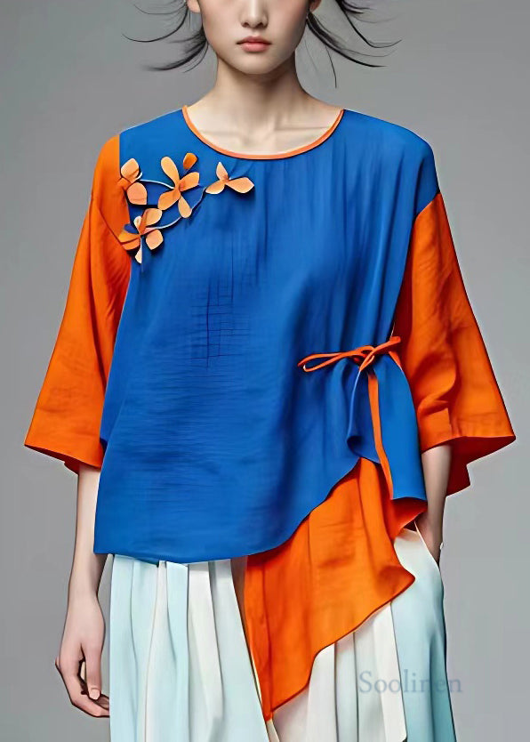 New Blue O-Neck Asymmetrical Patchwork Cotton Top Half Sleeve