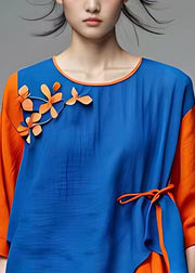 New Blue O-Neck Asymmetrical Patchwork Cotton Top Half Sleeve