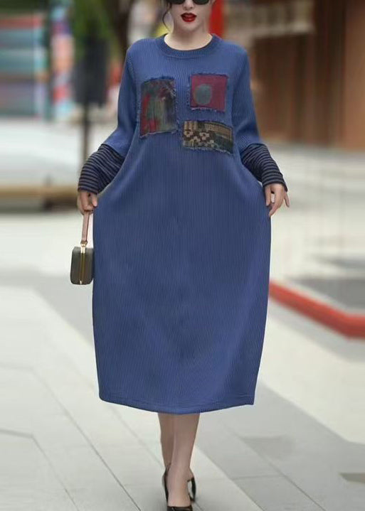 New Blue O Neck Patchwork Knit Long Dress Winter