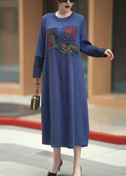 New Blue O Neck Patchwork Knit Long Dress Winter