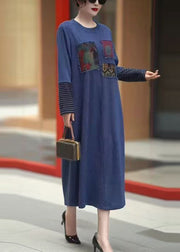 New Blue O Neck Patchwork Knit Long Dress Winter